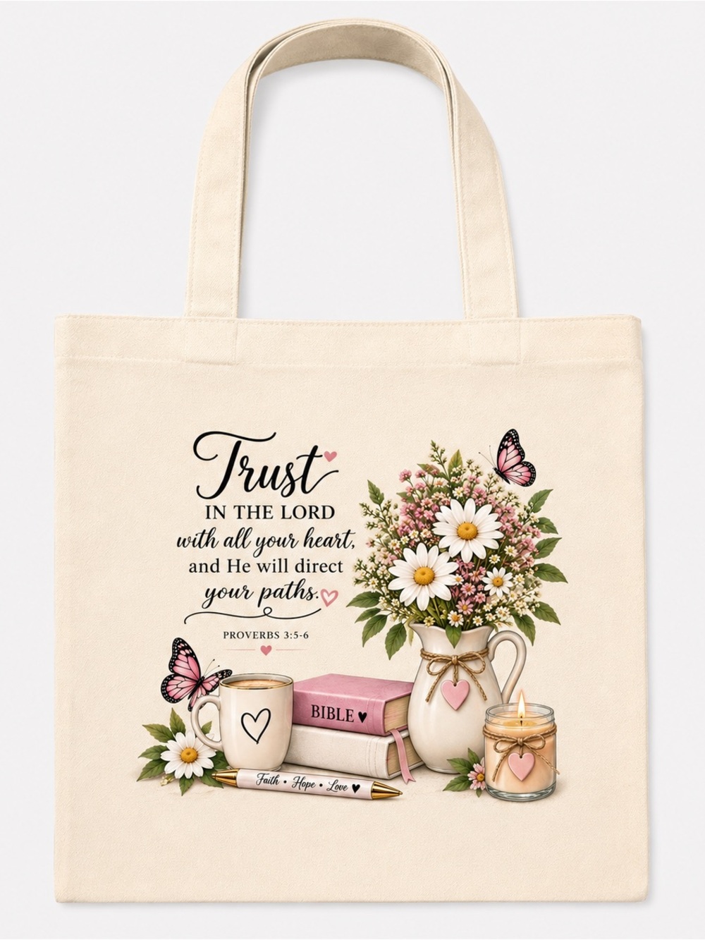 Faith Floral Tote Bag in Cream